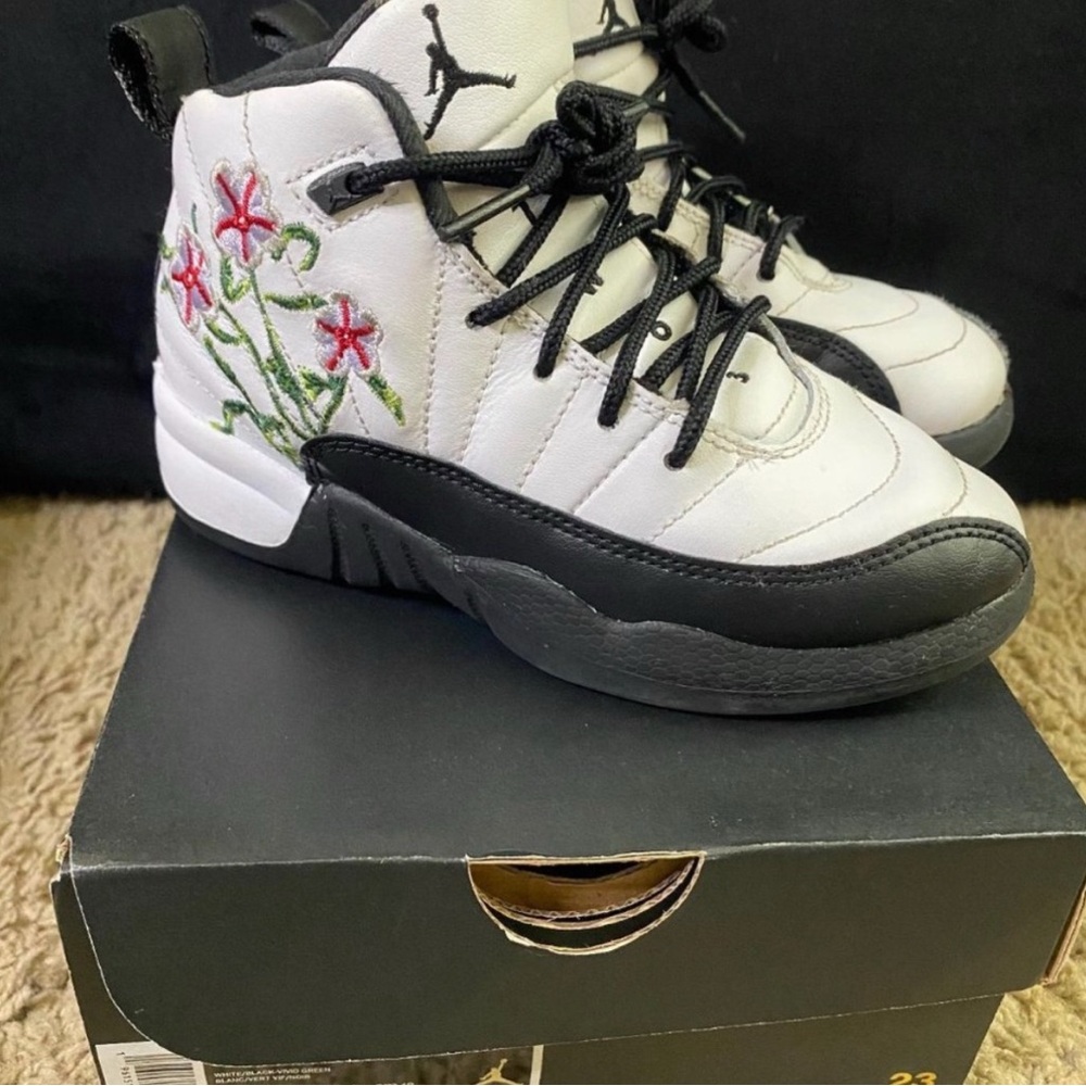 Kids' Jordan Retro White and Black flower Sneakers